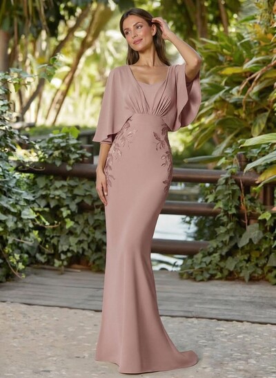 Trumpet/Mermaid Square Neckline Cape Sleeves Sweep Train Elastic Satin Mother Of The Bride Dresses
