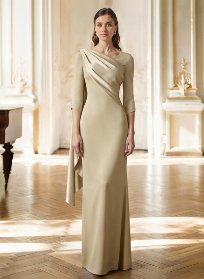 Sheath Column Asymmetrical 3/4 Sleeves Sweep Train Satin Mother Of The Bride Dresses With Sweeping Side Drape Shoulder Ruffle