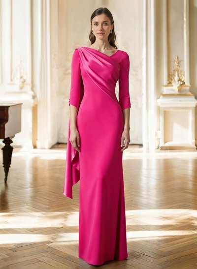 Sheath Column Asymmetrical 3/4 Sleeves Sweep Train Satin Mother Of The Bride Dresses With Sweeping Side Drape Shoulder Ruffle