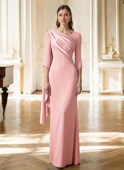 Sheath Column Asymmetrical 3/4 Sleeves Sweep Train Satin Mother Of The Bride Dresses With Sweeping Side Drape Shoulder Ruffle