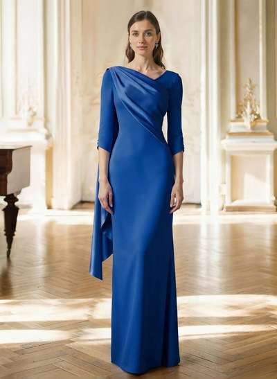 Sheath Column Asymmetrical 3/4 Sleeves Sweep Train Satin Mother Of The Bride Dresses With Sweeping Side Drape Shoulder Ruffle