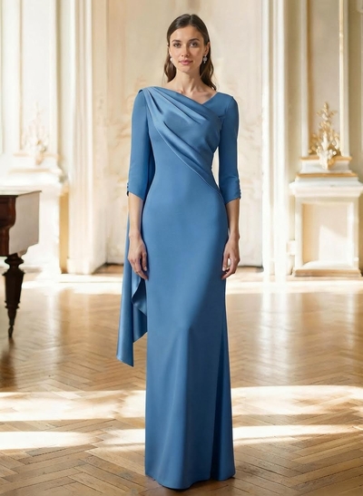 Sheath Column Asymmetrical 3/4 Sleeves Sweep Train Satin Mother Of The Bride Dresses With Sweeping Side Drape Shoulder Ruffle