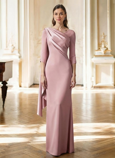 Sheath Column Asymmetrical 3/4 Sleeves Sweep Train Satin Mother Of The Bride Dresses With Sweeping Side Drape Shoulder Ruffle