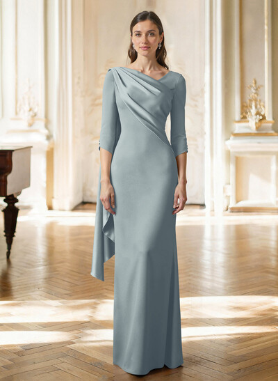 Sheath Column Asymmetrical 3/4 Sleeves Sweep Train Satin Mother Of The Bride Dresses With Sweeping Side Drape Shoulder Ruffle