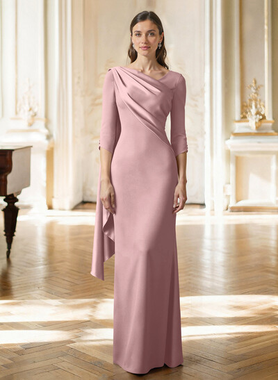 Sheath Column Asymmetrical 3/4 Sleeves Sweep Train Satin Mother Of The Bride Dresses With Sweeping Side Drape Shoulder Ruffle