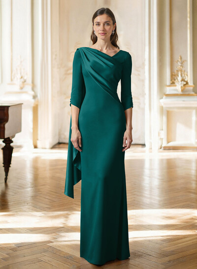 Sheath Column Asymmetrical 3/4 Sleeves Sweep Train Satin Mother Of The Bride Dresses With Sweeping Side Drape Shoulder Ruffle