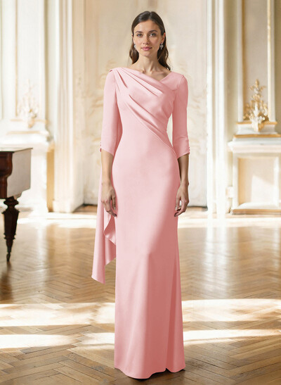 Sheath Column Asymmetrical 3/4 Sleeves Sweep Train Satin Mother Of The Bride Dresses With Sweeping Side Drape Shoulder Ruffle