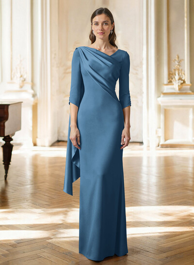 Sheath Column Asymmetrical 3/4 Sleeves Sweep Train Satin Mother Of The Bride Dresses With Sweeping Side Drape Shoulder Ruffle