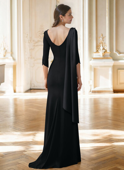 Sheath Column Asymmetrical 3/4 Sleeves Sweep Train Satin Mother Of The Bride Dresses With Sweeping Side Drape Shoulder Ruffle