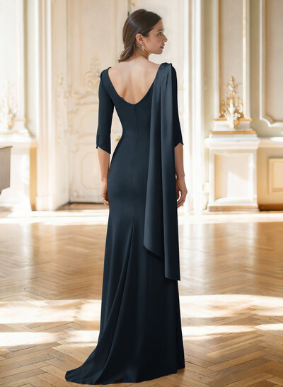 Sheath Column Asymmetrical 3/4 Sleeves Sweep Train Satin Mother Of The Bride Dresses With Sweeping Side Drape Shoulder Ruffle