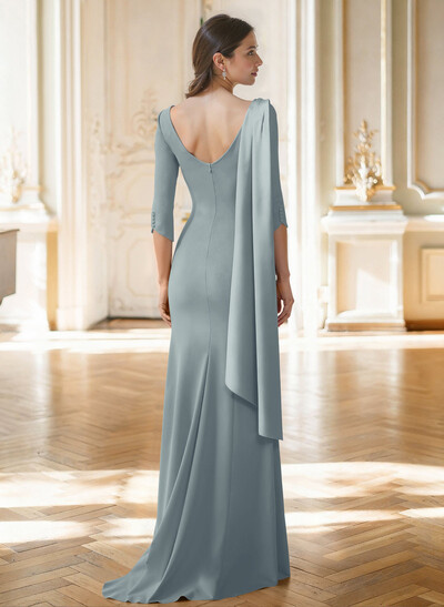Sheath Column Asymmetrical 3/4 Sleeves Sweep Train Satin Mother Of The Bride Dresses With Sweeping Side Drape Shoulder Ruffle