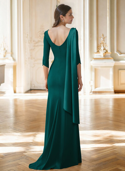 Sheath Column Asymmetrical 3/4 Sleeves Sweep Train Satin Mother Of The Bride Dresses With Sweeping Side Drape Shoulder Ruffle