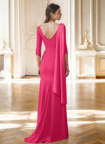 Sheath Column Asymmetrical 3/4 Sleeves Sweep Train Satin Mother Of The Bride Dresses With Sweeping Side Drape Shoulder Ruffle