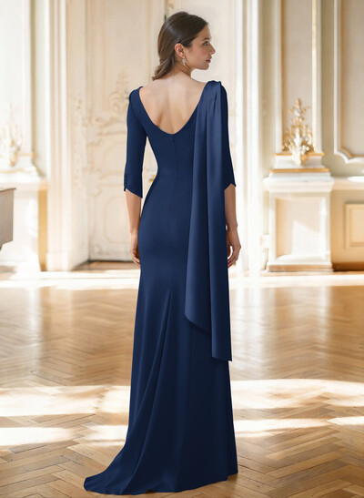 Sheath Column Asymmetrical 3/4 Sleeves Sweep Train Satin Mother Of The Bride Dresses With Sweeping Side Drape Shoulder Ruffle