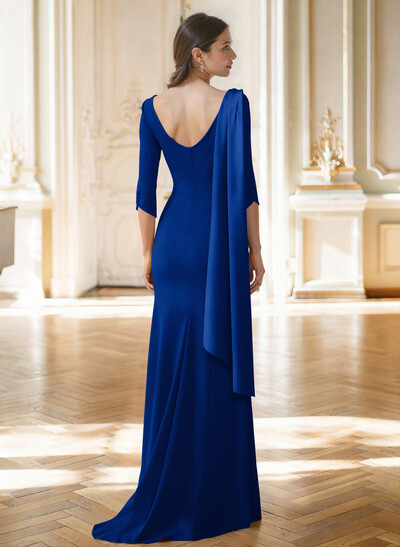Sheath Column Asymmetrical 3/4 Sleeves Sweep Train Satin Mother Of The Bride Dresses With Sweeping Side Drape Shoulder Ruffle