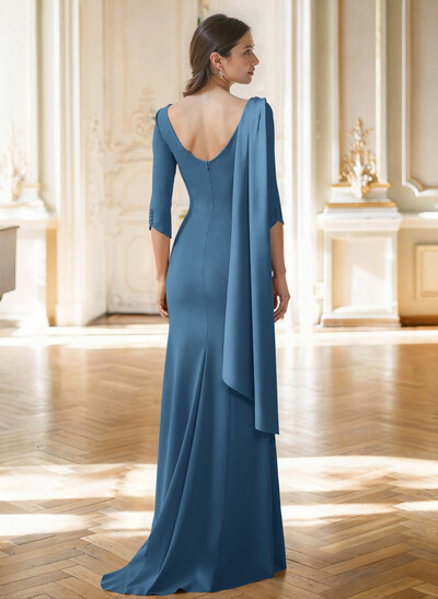 Sheath Column Asymmetrical 3/4 Sleeves Sweep Train Satin Mother Of The Bride Dresses With Sweeping Side Drape Shoulder Ruffle