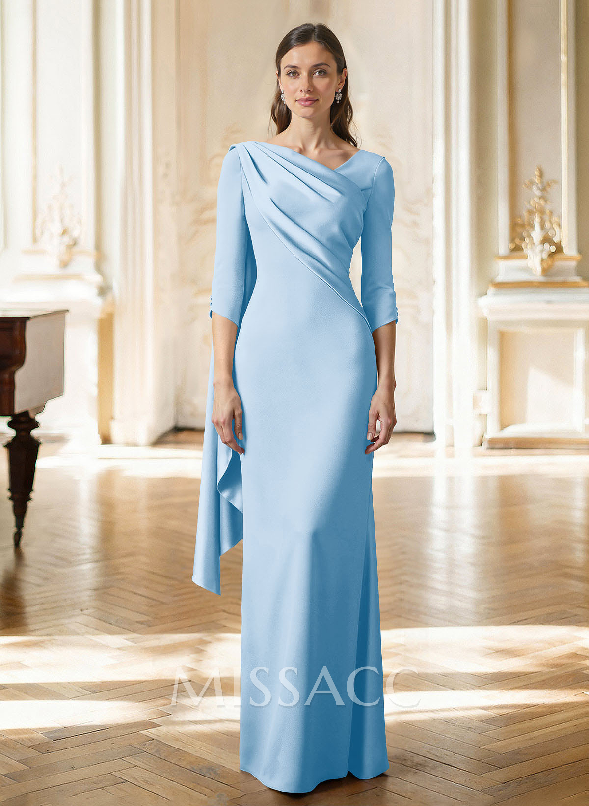 Sheath Column Asymmetrical 3/4 Sleeves Sweep Train Satin Mother Of The Bride Dresses With Sweeping Side Drape Shoulder Ruffle