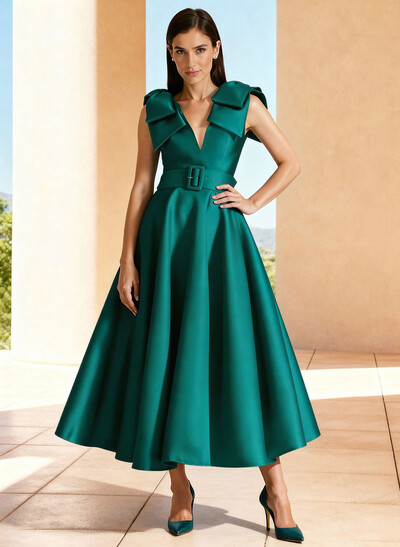 Ball-Gown V-Neck Sleeveless Ankle-Length Satin Mother Of The Bride Dresses With Bow(s) Shoulder Ruffle
