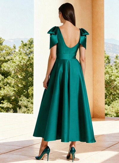 Ball-Gown V-Neck Sleeveless Ankle-Length Satin Mother Of The Bride Dresses With Bow(s) Shoulder Ruffle