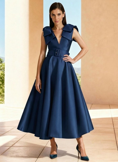 Ball-Gown V-Neck Sleeveless Ankle-Length Satin Mother Of The Bride Dresses With Bow(s) Shoulder Ruffle
