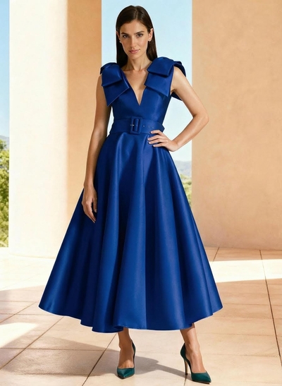 Ball-Gown V-Neck Sleeveless Ankle-Length Satin Mother Of The Bride Dresses With Bow(s) Shoulder Ruffle