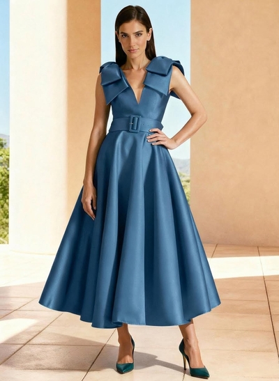 Ball-Gown V-Neck Sleeveless Ankle-Length Satin Mother Of The Bride Dresses With Bow(s) Shoulder Ruffle