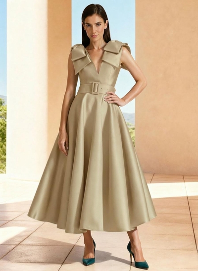 Ball-Gown V-Neck Sleeveless Ankle-Length Satin Mother Of The Bride Dresses With Bow(s) Shoulder Ruffle