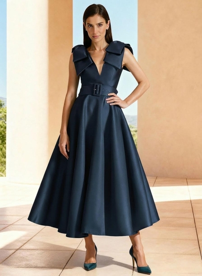 Ball-Gown V-Neck Sleeveless Ankle-Length Satin Mother Of The Bride Dresses With Bow(s) Shoulder Ruffle
