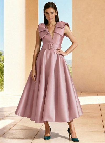 Ball-Gown V-Neck Sleeveless Ankle-Length Satin Mother Of The Bride Dresses With Bow(s) Shoulder Ruffle