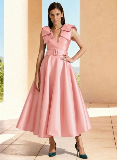 Ball-Gown V-Neck Sleeveless Ankle-Length Satin Mother Of The Bride Dresses With Bow(s) Shoulder Ruffle
