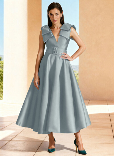 Ball-Gown V-Neck Sleeveless Ankle-Length Satin Mother Of The Bride Dresses With Bow(s) Shoulder Ruffle