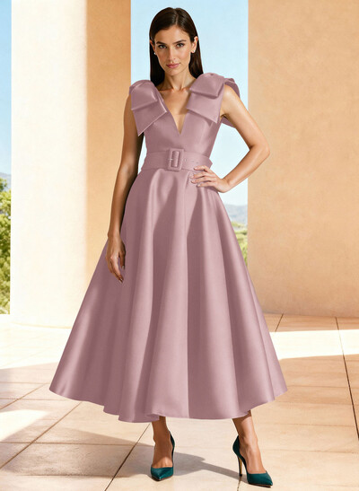 Ball-Gown V-Neck Sleeveless Ankle-Length Satin Mother Of The Bride Dresses With Bow(s) Shoulder Ruffle