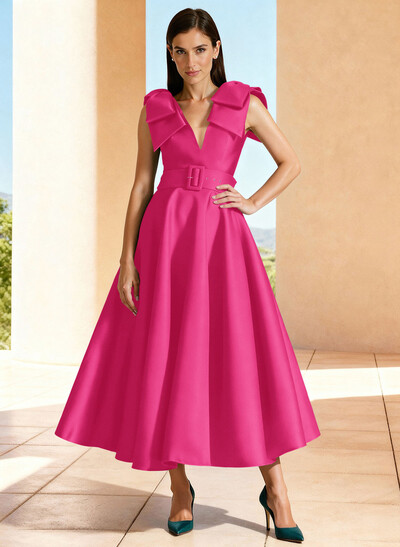 Ball-Gown V-Neck Sleeveless Ankle-Length Satin Mother Of The Bride Dresses With Bow(s) Shoulder Ruffle