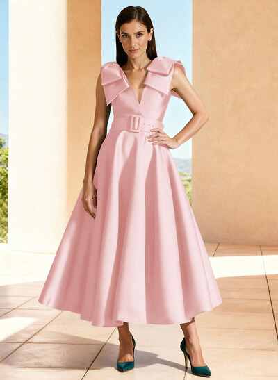 Ball-Gown V-Neck Sleeveless Ankle-Length Satin Mother Of The Bride Dresses With Bow(s) Shoulder Ruffle