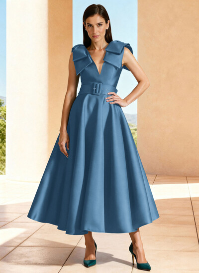 Ball-Gown V-Neck Sleeveless Ankle-Length Satin Mother Of The Bride Dresses With Bow(s) Shoulder Ruffle
