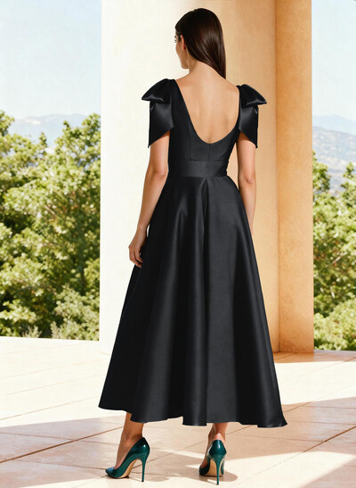 Ball-Gown V-Neck Sleeveless Ankle-Length Satin Mother Of The Bride Dresses With Bow(s) Shoulder Ruffle