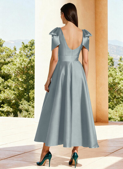 Ball-Gown V-Neck Sleeveless Ankle-Length Satin Mother Of The Bride Dresses With Bow(s) Shoulder Ruffle