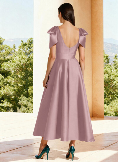 Ball-Gown V-Neck Sleeveless Ankle-Length Satin Mother Of The Bride Dresses With Bow(s) Shoulder Ruffle