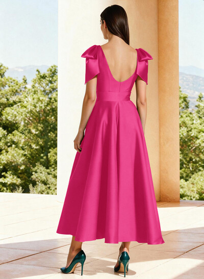Ball-Gown V-Neck Sleeveless Ankle-Length Satin Mother Of The Bride Dresses With Bow(s) Shoulder Ruffle