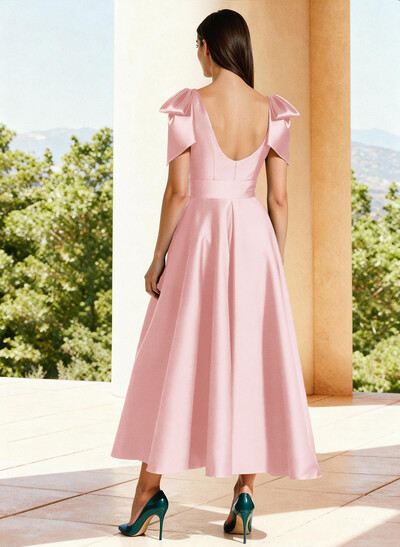 Ball-Gown V-Neck Sleeveless Ankle-Length Satin Mother Of The Bride Dresses With Bow(s) Shoulder Ruffle