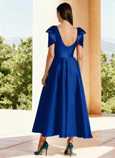 Ball-Gown V-Neck Sleeveless Ankle-Length Satin Mother Of The Bride Dresses With Bow(s) Shoulder Ruffle