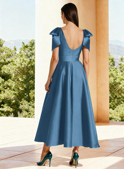 Ball-Gown V-Neck Sleeveless Ankle-Length Satin Mother Of The Bride Dresses With Bow(s) Shoulder Ruffle