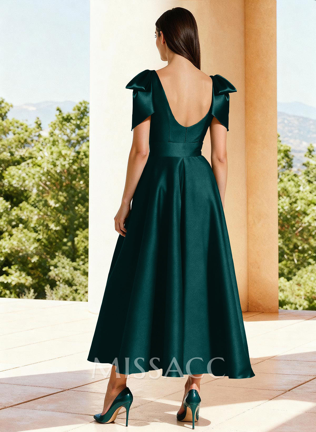Ball-Gown V-Neck Sleeveless Ankle-Length Satin Mother Of The Bride Dresses With Bow(s) Shoulder Ruffle