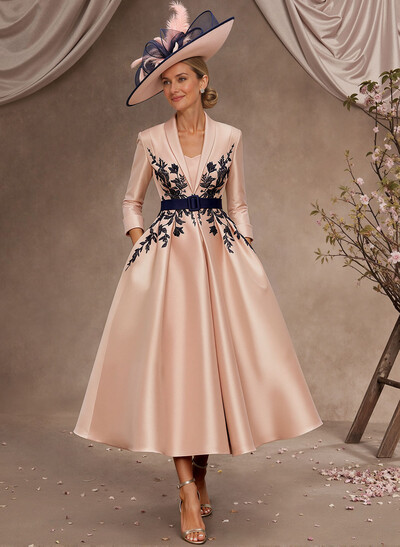 Ball-Gown V-Neck 3/4 Sleeves Tea-Length Satin Mother Of The Bride Dresses With Flower(s)