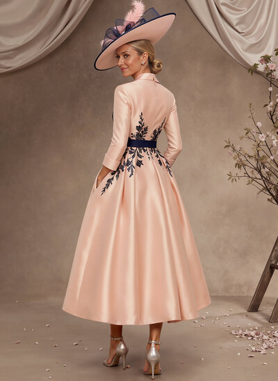 Ball-Gown V-Neck 3/4 Sleeves Tea-Length Satin Mother Of The Bride Dresses With Flower(s)