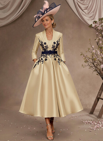 Ball-Gown V-Neck 3/4 Sleeves Tea-Length Satin Mother Of The Bride Dresses With Flower(s)