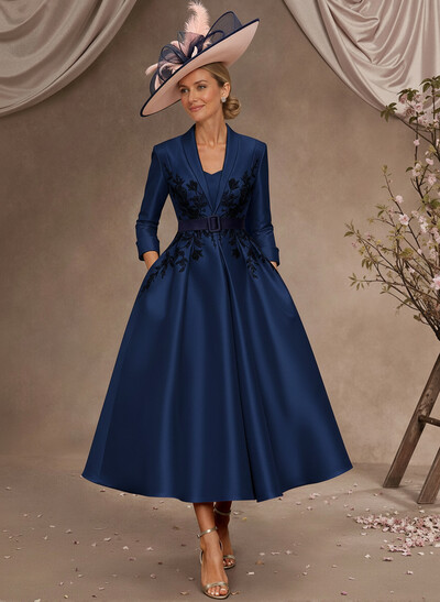 Ball-Gown V-Neck 3/4 Sleeves Tea-Length Satin Mother Of The Bride Dresses With Flower(s)