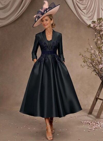 Ball-Gown V-Neck 3/4 Sleeves Tea-Length Satin Mother Of The Bride Dresses With Flower(s)