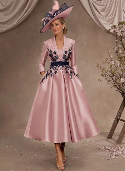 Ball-Gown V-Neck 3/4 Sleeves Tea-Length Satin Mother Of The Bride Dresses With Flower(s)