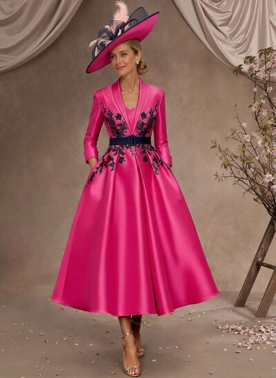 Ball-Gown V-Neck 3/4 Sleeves Tea-Length Satin Mother Of The Bride Dresses With Flower(s)
